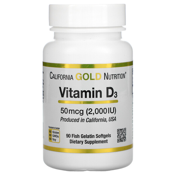 California Gold Nutrition, витамин D3, 50 мкг (2000 МЕ), 90 рыбно-желатиновых капсул