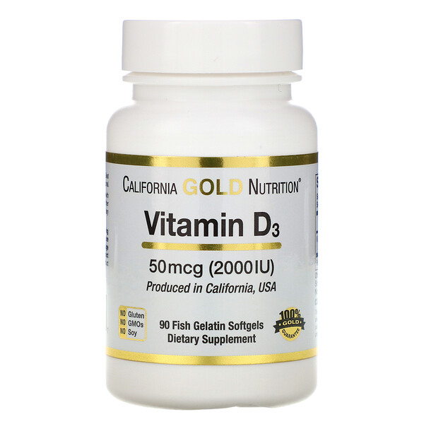 California Gold Nutrition, Витамин D3, 50 мкг (2000 МЕ), 90 мягких капсул из рыбного желатина