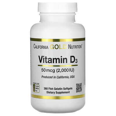 California Gold Nutrition витамин D3, 50 мкг (2000 МЕ), 360 рыбно-желатиновых капсул