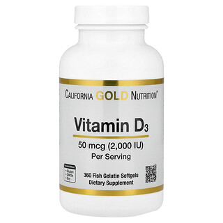 California Gold Nutrition, Vitamina D3, 50 mcg (2.000 UI), 360 capsule moi gelatină de pește