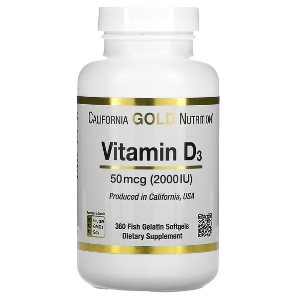 California Gold Nutrition, витамин D3, 50 мкг (2000 МЕ), 360 рыбно-желатиновых капсул