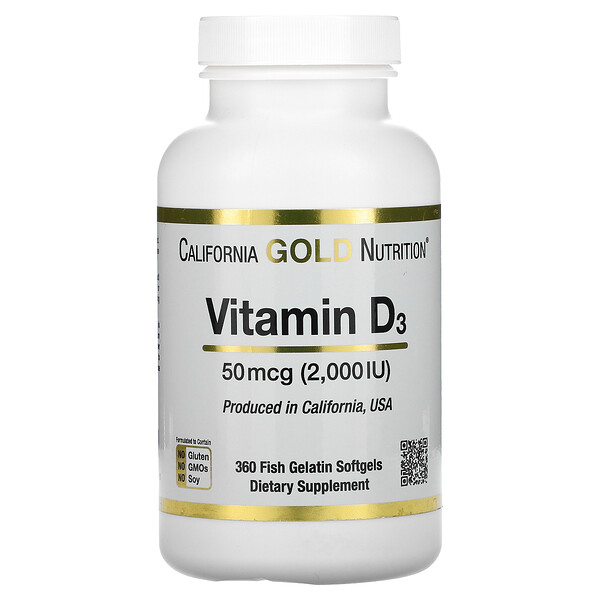 California Gold Nutrition, витамин D3, 50 мкг (2000 МЕ), 360 рыбно-желатиновых капсул