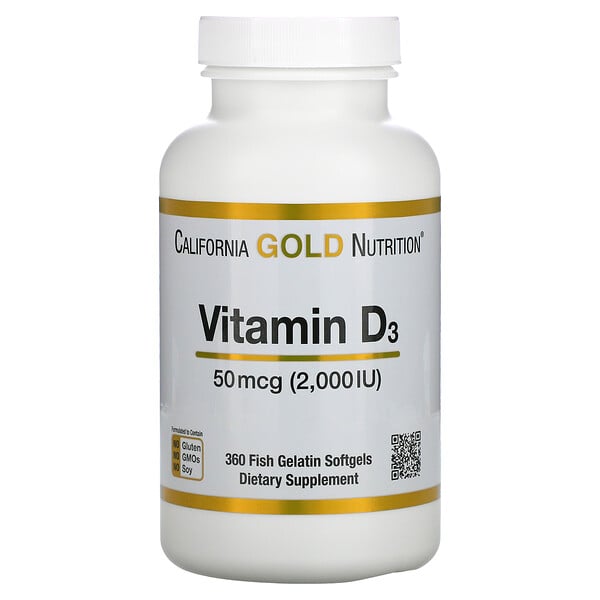 California Gold Nutrition, Vitamin D3, 50 mcg (2.000 IU), 360 Kapsul Gel Lunak Gelatin Ikan