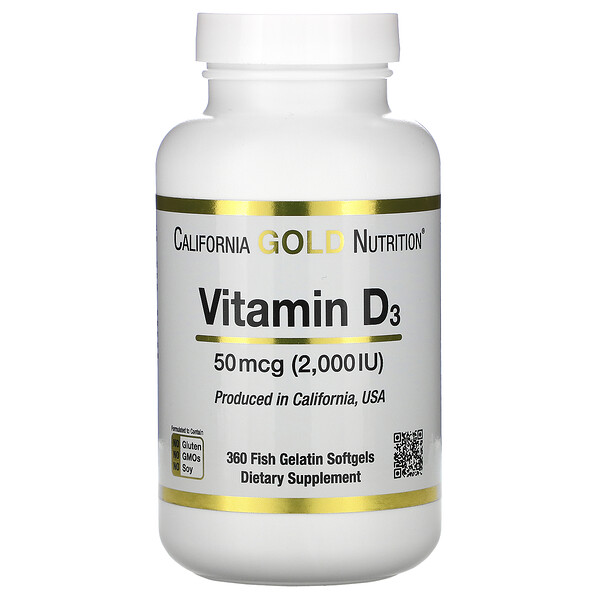 California Gold Nutrition, витамин D3, 50 мкг (2000 МЕ), 360 рыбно-желатиновых капсул