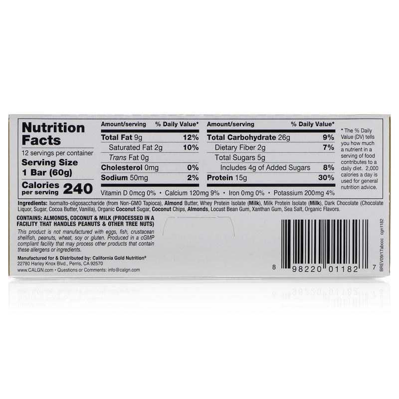 California Gold Nutrition, Protein Bar, Almond Butter Coconut Chocolate