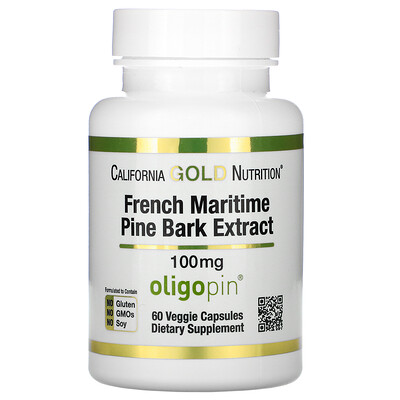 California Gold Nutrition Oligopin, экстракт коры французской приморской сосны, 100 мг, 60 растительных капсул