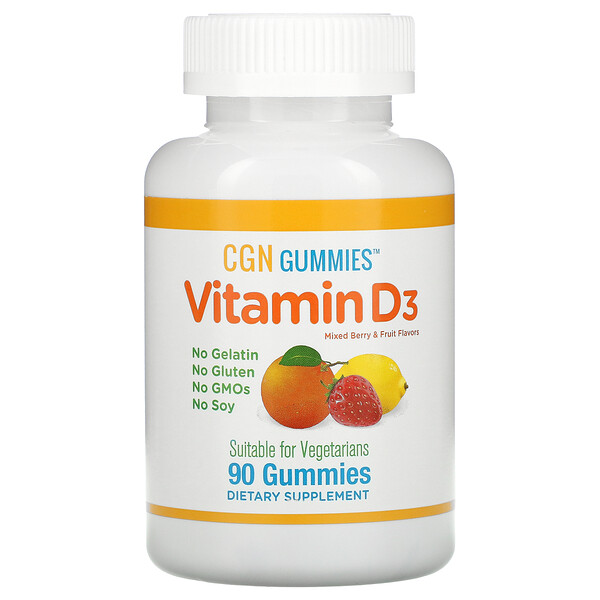 California Gold Nutrition, жевательный витамин D3, без желатина и глютена, со вкусом фруктов и ягод, 25 мкг (1000 МЕ), 90 жевательных таблеток