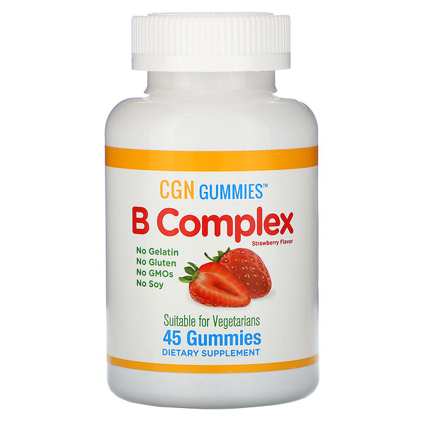 California Gold Nutrition, Жевательные таблетки с комплексом витаминов группы B, без желатина и глютена, натуральный клубничный вкус, 45 жевательных таблеток