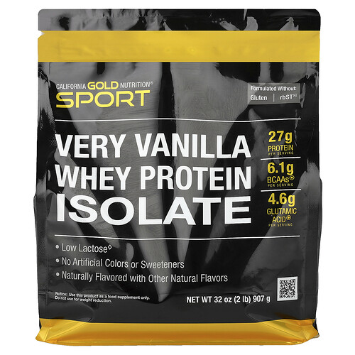California Gold Nutrition, Sport, Whey Protein Isolate with Organic Cane Sugar, with Sunflower Lecithin, Molkenproteinisolat mit Bio-Rohrzucker und Sonnenblumenlecithin, intensive Vanille, 907 g (2 lb.)