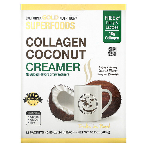 California Gold Nutrition, Superfoods, Sustituto de crema de coco con colágeno y leche de coco orgánico en polvo, péptido de colágeno hidrolizado, Sin endulzar, 12 sobres de 24 g (0,85 oz) cada uno