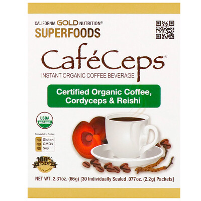 California Gold Nutrition CafeCeps, органический растворимый кофе с кордицепсом и грибами рейши, 30 пакетиков весом 2,2 г (0,077 унции) каждый