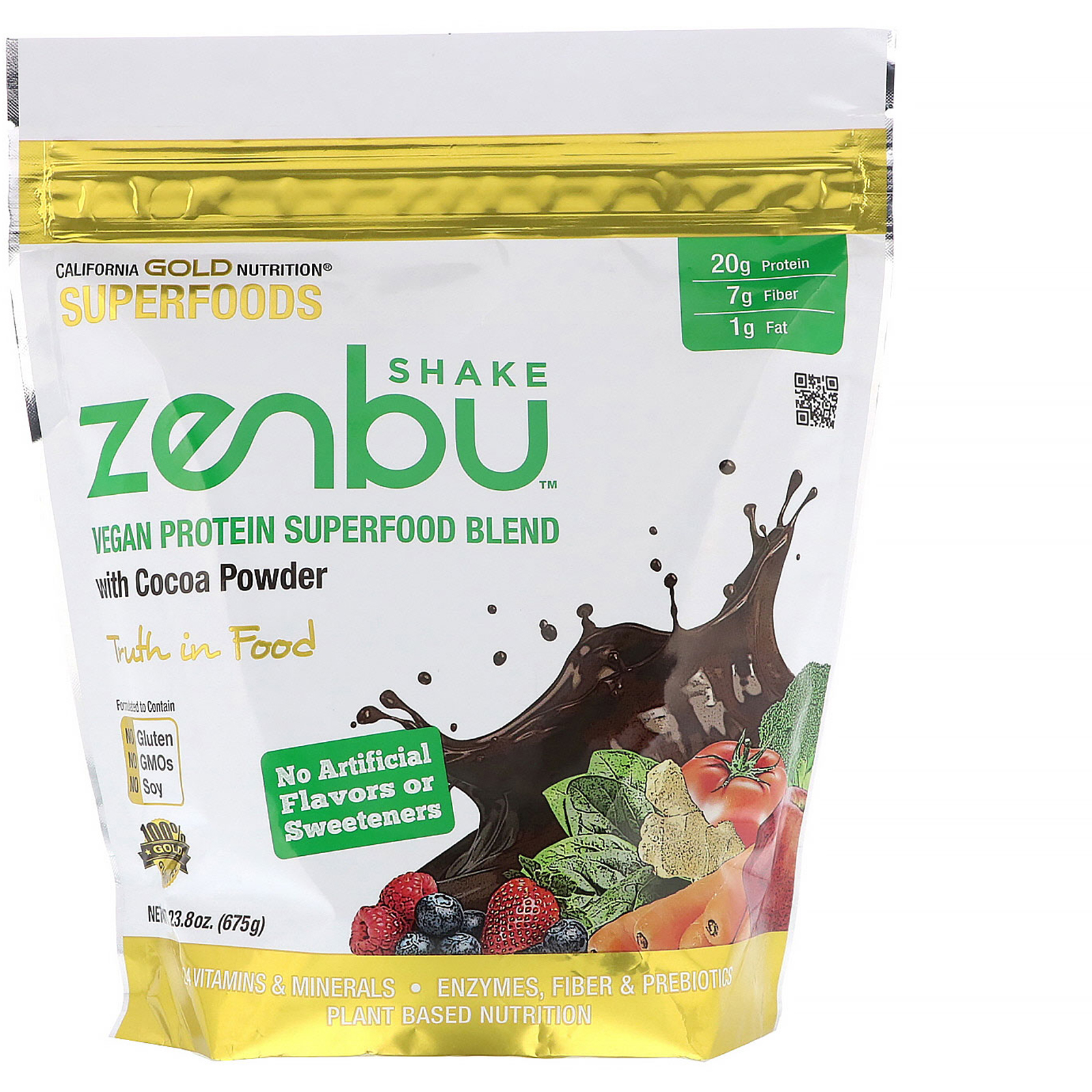 California Gold Nutrition (캘리포니아골드뉴트리션), Zenbu 셰이크, 코코아 파우더 함유 비건 단백질 수퍼푸드 블랜드, 675 g(1.48 lbs) (판매가 중단된 상품)