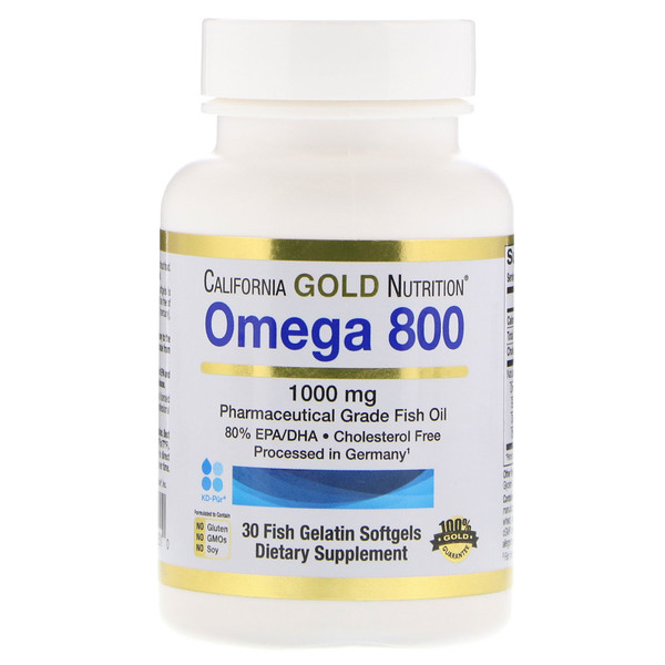 California Gold Nutrition, オメガ800、医薬グレードフィッシュオイル、80％EPA / DHA、トリグリセリド形態、ドイツ加工品、コレステロールフリー、1000mg、30魚ゼラチンソフトゲル