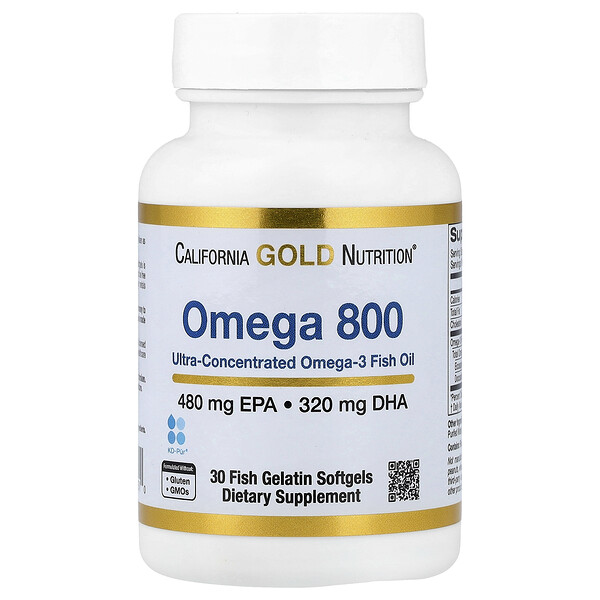 California Gold Nutrition Omega 800 Ultra-Concentrated Omega-3 Fish Oil, kd-pur® Triglyceride Form, 30 Fish Gelatin Softgels (1,000 mg per Softgel)