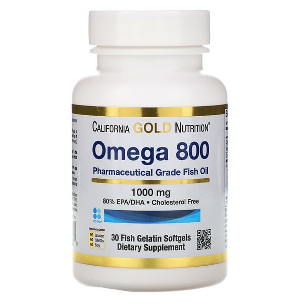 California Gold Nutrition, Omega 800 от Madre Labs, рыбий жир фармацевтической категории, 80% ЭПК/ДГК, в форме триглицеридов, 1000 мг, 30 мягких капсул с рыбным желатином