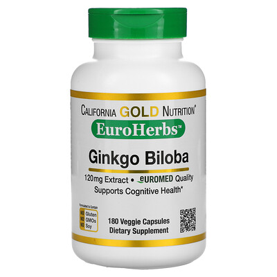 California Gold Nutrition EuroHerbs, экстракт гинкго билоба, европейское качество, 120 мг, 180 растительных капсул