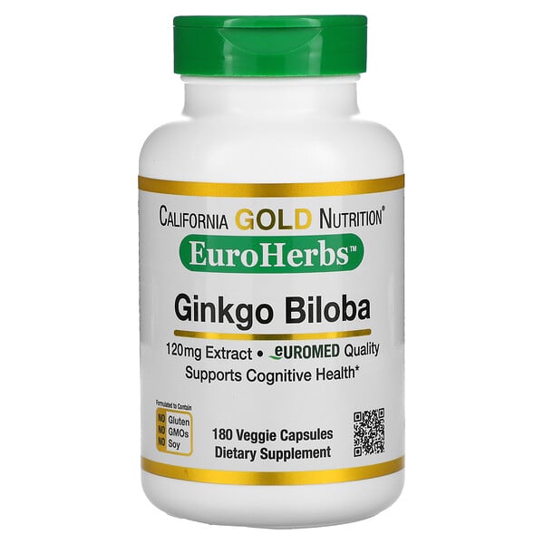 California Gold Nutrition, 은행 나무 추출물(Ginkgo Biloba Extract), 유로허브스(EuroHerbs), 유럽 품질, 120 mg, 식물성 캡슐 180 정