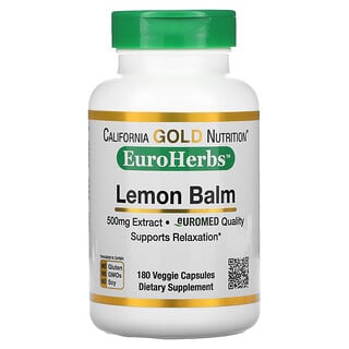 California Gold Nutrition, Lemon Balm Extract,  EuroHerbs, European Quality, 500 mg, 180 Veggie Capsules
