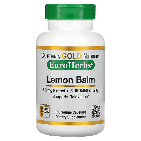 California Gold Nutrition, EuroHerbs, экстракт мелиссы лекарственной, европейское качество, 500 мг, 180 вегетарианских капсул