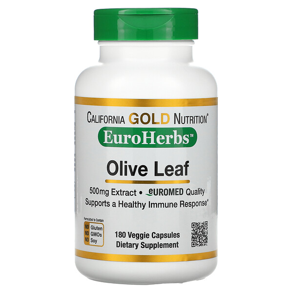 California Gold Nutrition‏, תמצית עלי זית, EuroHerbs‏, איכות אירופאית, 500 מ"ג, 180 כמוסות צמחוניות
