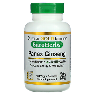 California Gold Nutrition EuroHerbs экстракт женьшеня 250 мг 180 растительных капсул