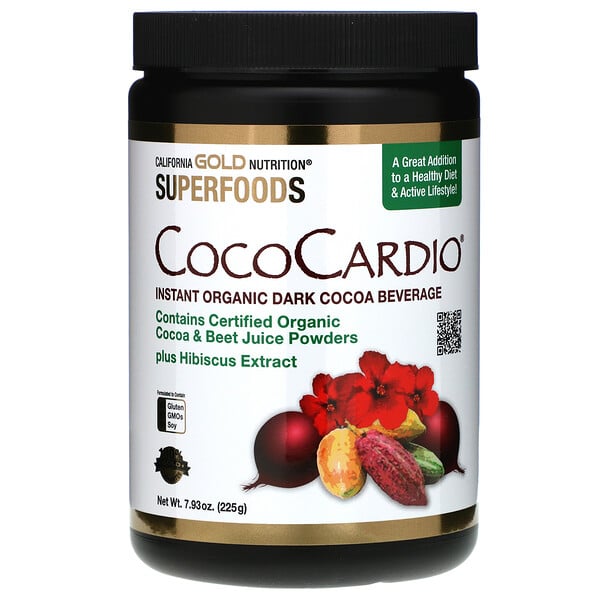 California Gold Nutrition, CocoCardio เครื่องดื่มดาร์กโกโก้ออร์แกนิกสำเร็จรูปที่ได้รับการรับรอง Certified Organic พร้อมน้ำบีทและชบา ขนาด 7.93 ออนซ์ (225 ก.)