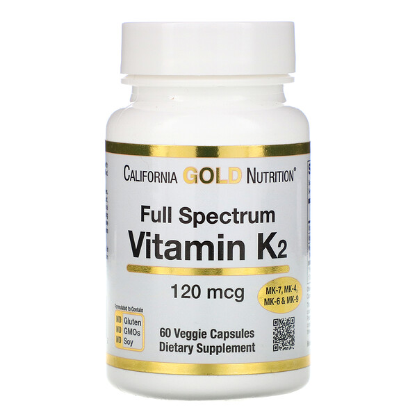 California Gold Nutrition, ויטמין K2 (כ-MK-4, MK-6, MK-7, MK-9), 120 מק"ג, 60 כמוסות צמחיות