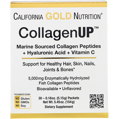 

California Gold Nutrition CollagenUP, морской гидролизованный коллаген с гиалуроновой кислотой и витамином С, без запаха, 30 пакетов, 5,15 г (0,18 унции) каждый