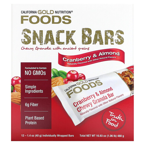 California Gold Nutrition, Foods, Cranberry & Almond Chewy Granola Bars, kernige Cranberry- und Mandel-Müsliriegel, 12 Riegel, je 40 g (1,4 oz.)