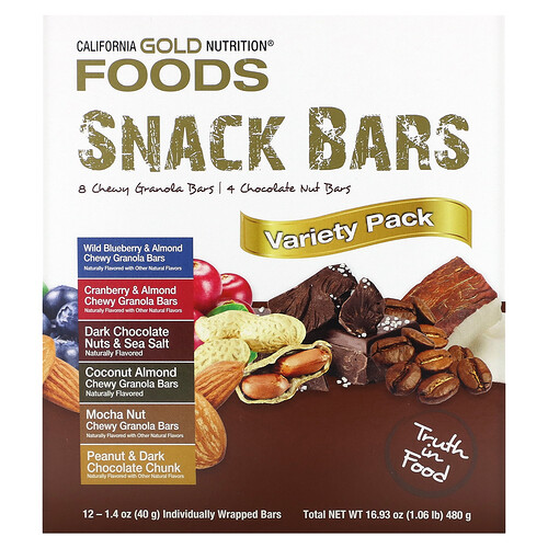 California Gold Nutrition Foods, Variety Pack Snack Bars, 12 Bars, 1.4 oz (40 g) Each
