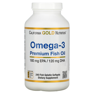 Vitaminai, mineralai, maisto papildai California Gold Nutrition, Omega-3  Premium Fish Oil, 180 EPA / 120 DHA, 240 Fish Gelatin Softgels