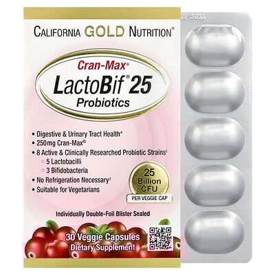 California Gold Nutrition, Probióticos LactoBif® CranMax®, 25,000 millones de UFC, 30 cápsulas vegetales
