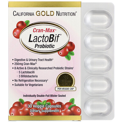 California Gold Nutrition Lactobif, Cran-Max, пробиотики, 25 млрд КОЕ, 30 растительных капсул