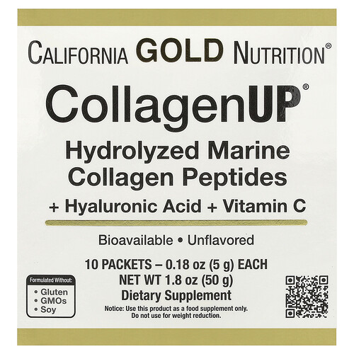 California Gold Nutrition, CollagenUP, Hydrolyzed Marine Collagen Peptides with Hyaluronic Acid and Vitamin C, Unflavored, 10 Packets, 0.18 oz (5 g) Each