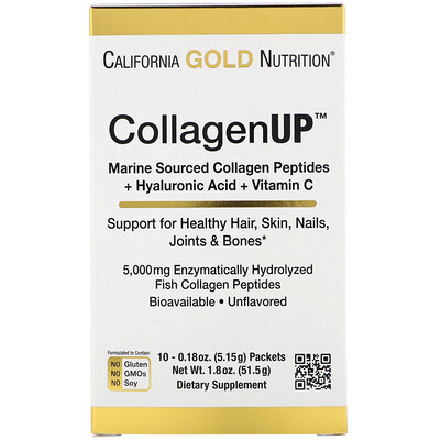 

California Gold Nutrition CollagenUP, морской гидролизованный коллаген с гиалуроновой кислотой и витамином С, без запаха, 10 пакетов, 5,15 г (0,18 унции) каждый