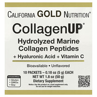California Gold Nutrition, CollagenUP®, Peptides de collagène marin hydrolysé à l'acide hyaluronique et à la vitamine C, Non aromatisés, 10 sachets, 5 g pièce