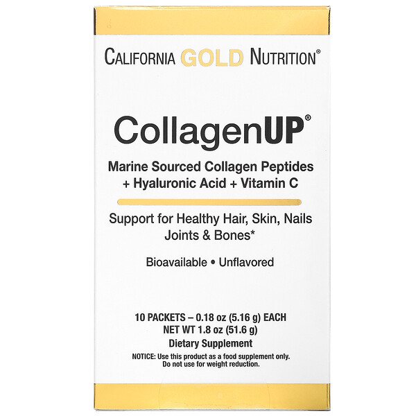California Gold Nutrition‏, CollagenUP‏, קולגן הידרוליזי ממקור ימי + חומצה היאלורונית + ויטמין C‏, ללא תוספת טעם, 10 אריזות, 5.15 גרם (0.18 אונקיות) כל אחת