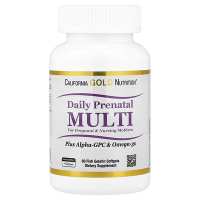California Gold Nutrition, Suplemento multivitamínico prenatal con alfa-GPC y omega-3, 60 cápsulas blandas de gelatina de pescado