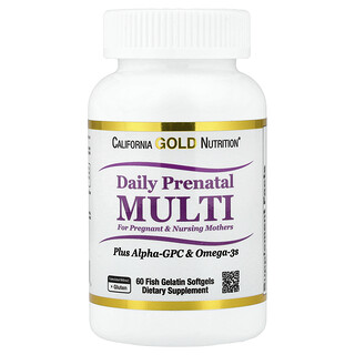 California Gold Nutrition, Suplemento multivitamínico prenatal con alfa-GPC y omega-3, 60 cápsulas blandas de gelatina de pescado