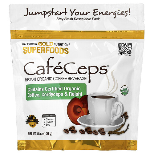 California Gold Nutrition, CafeCeps®, Certified Organic Instant Coffee with Full-Spectrum, Organic Cordyceps and Reishi Mushroom Powder, 3.5 oz (100 g