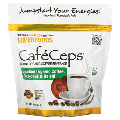 California Gold Nutrition CafeCeps, сертифицированный органический растворимый кофе с порошком из грибов кордицепс и рейши, 100 г (3,5 унции)