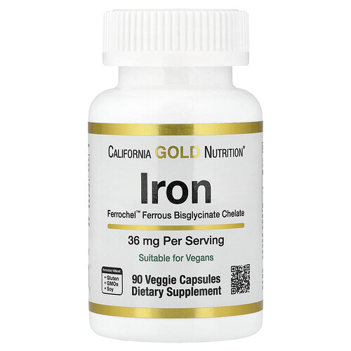California Gold Nutrition, Hierro (bisglicinato ferroso) Ferrochel®, 36 mg, 90 cápsulas vegetales