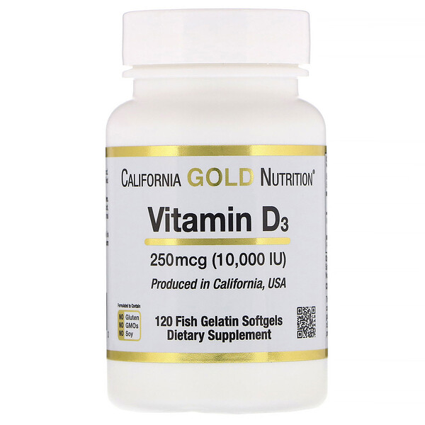 California Gold Nutrition, Витамин D3, 250 мкг (10 000 МЕ), 120 рыбно-желатиновых капсул