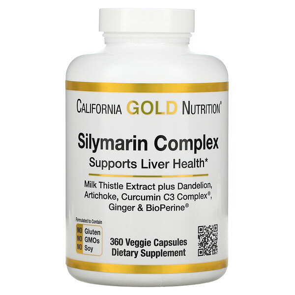 California Gold Nutrition‏, קומפלקס סילימרין, בריאות הכבד, גדילן מצוי, כורכומין, ארטישוק, שן הארי, ג'ינג'ר, פלפל שחור, 360 כמוסות צמחיות