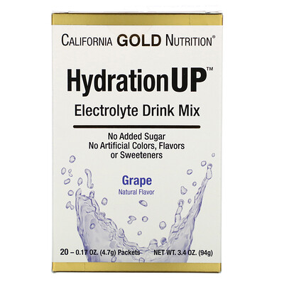 

California Gold Nutrition HydrationUP, смесь для приготовления электролитического напитка, виноград, 20 пакетиков, 4,7 г (0,17 унции) в каждом