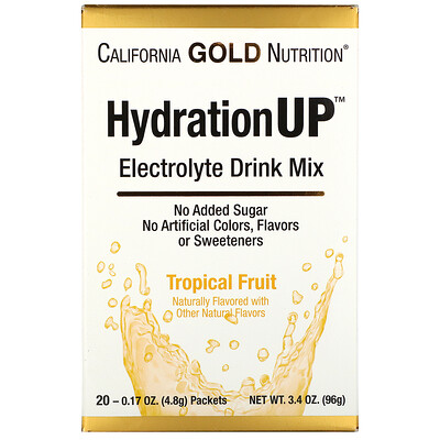 

California Gold Nutrition HydrationUP, смесь для приготовления электролитического напитка, тропические фрукты, 20 пакетиков, 4,8 г (0,17 унции) в каждом