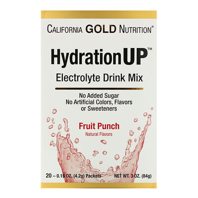 

California Gold Nutrition HydrationUP, смесь для приготовления электролитического напитка, фруктовый пунш, 20 пакетиков, 4,2 г (0,15 унции) в каждом