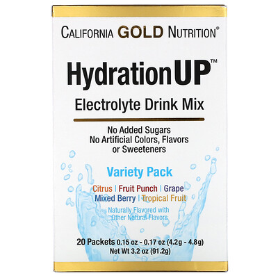 

California Gold Nutrition HydrationUP смесь для приготовления электролитического напитка ассорти 20 пакетиков 4 2 г в каждом