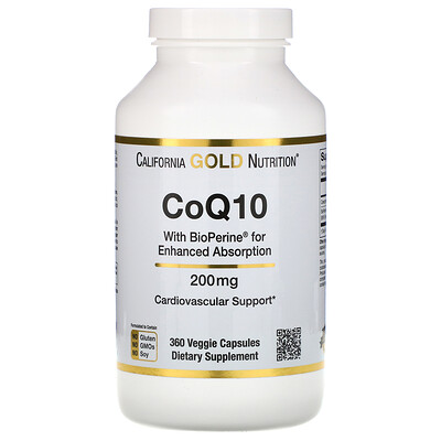 California Gold Nutrition Коэнзим Q10 фармацевтической чистоты (ФСША) с Bioperine, 200 мг, 360 растительных капсул