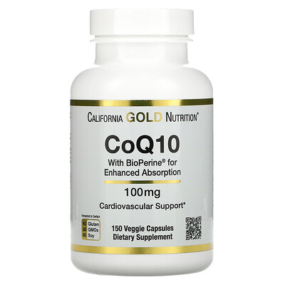 California Gold Nutrition коэнзим Q10 фармацевтической степени чистоты с экстрактом Bioperine, 100 мг, 150 растительных капсул